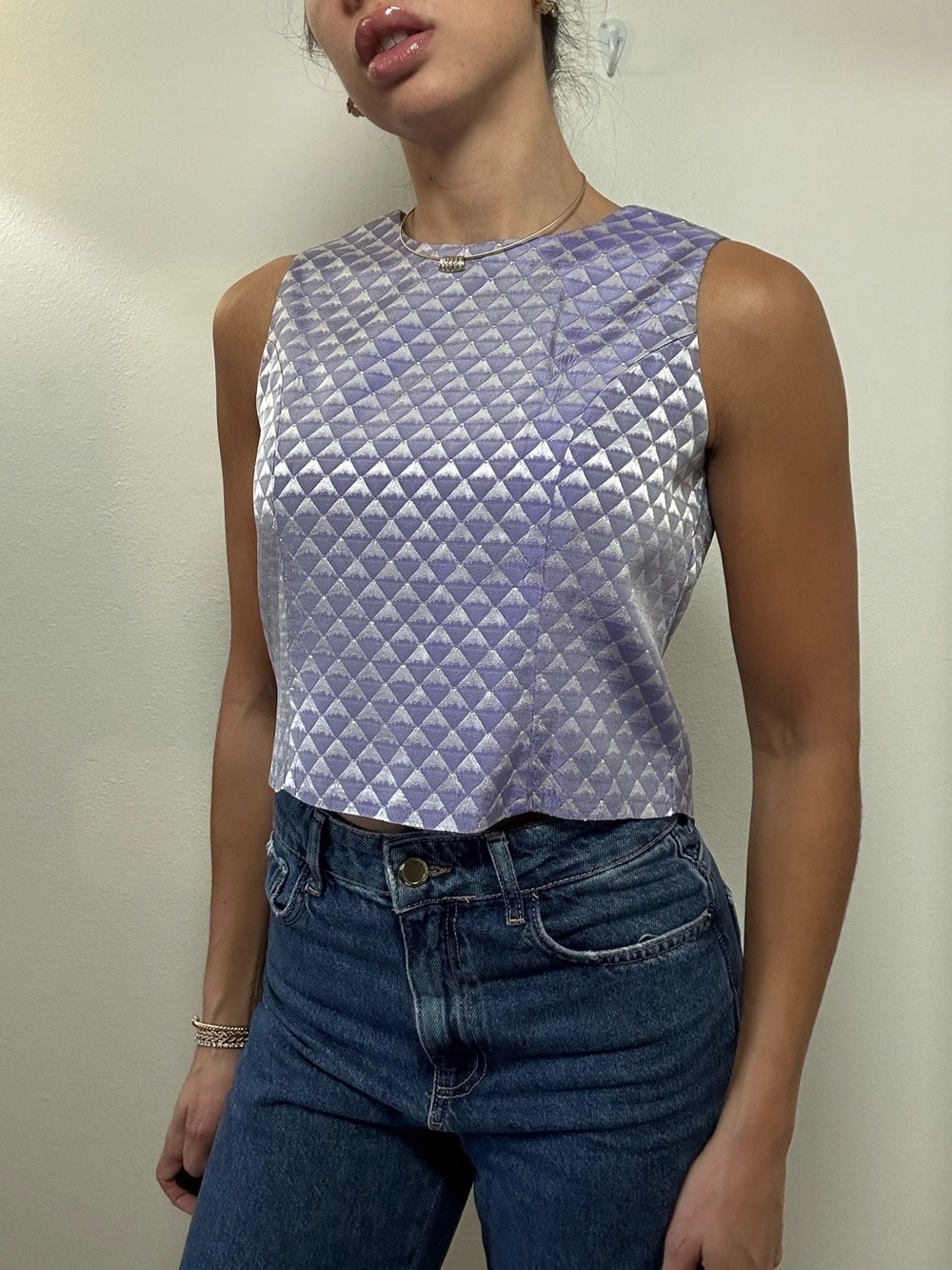 Vintage Jessica McClintock Lilac Sleeveless Crop Tank Button Back Crew Neck XS - Picture 9 of 15